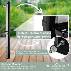 holz4home Solardusche mit 40L Tank, Steckverbindung und Schlauchanschluss für Garten, Pool und Camping.
