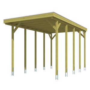 Skan Holz Carport Friesland für Wohnmobile, Flachdach, Holzkonstruktion mit Aluminiumdach und Stahl Bodenankern.