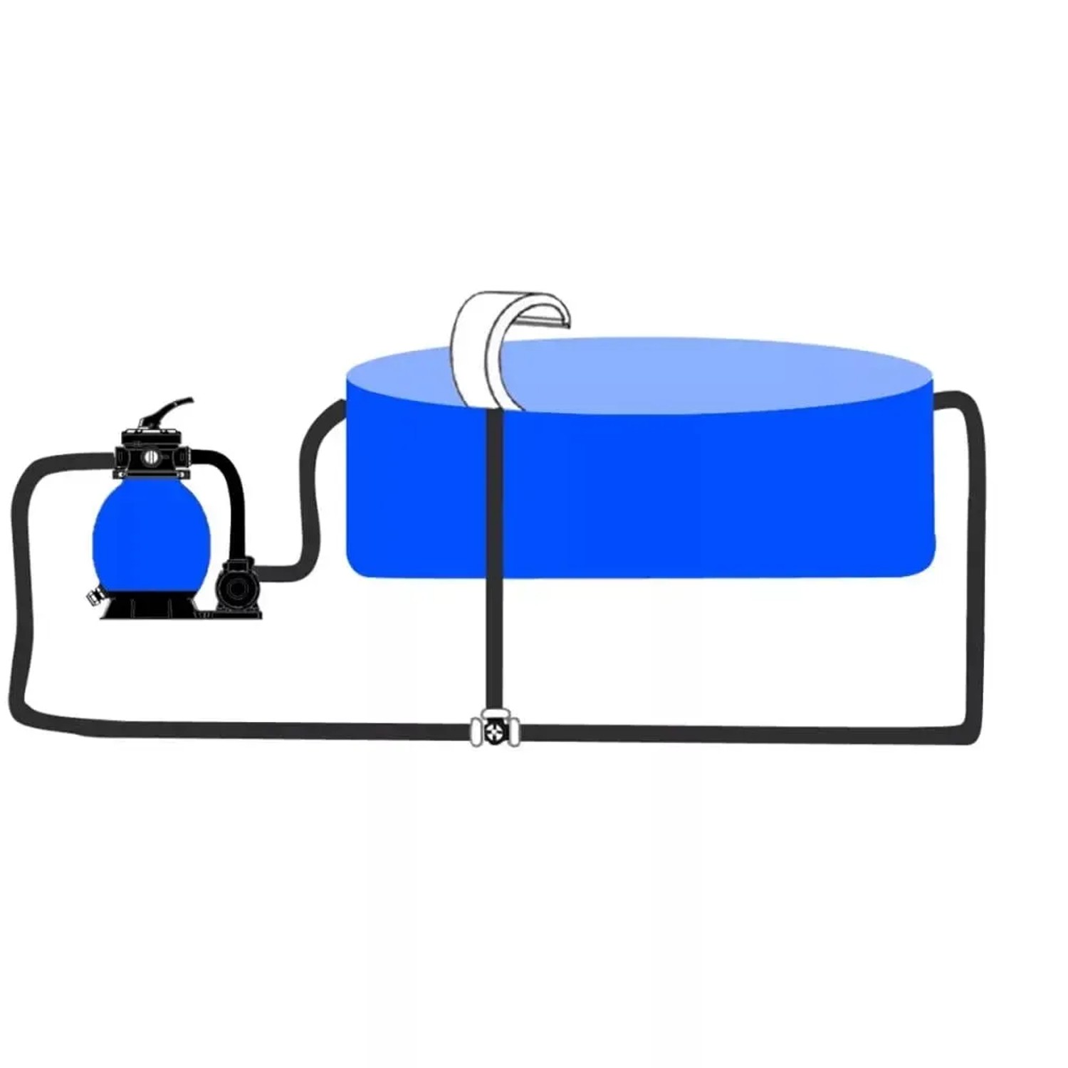 Skizze: Pool-Wasserfall mit LED, Edelstahl, Pumpe und Pool verbunden.
