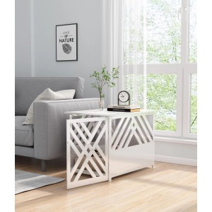 Weißer WONDERMAKE Design Hundekäfig Schrank Cavea1 als Beistelltisch im Wohnzimmer.