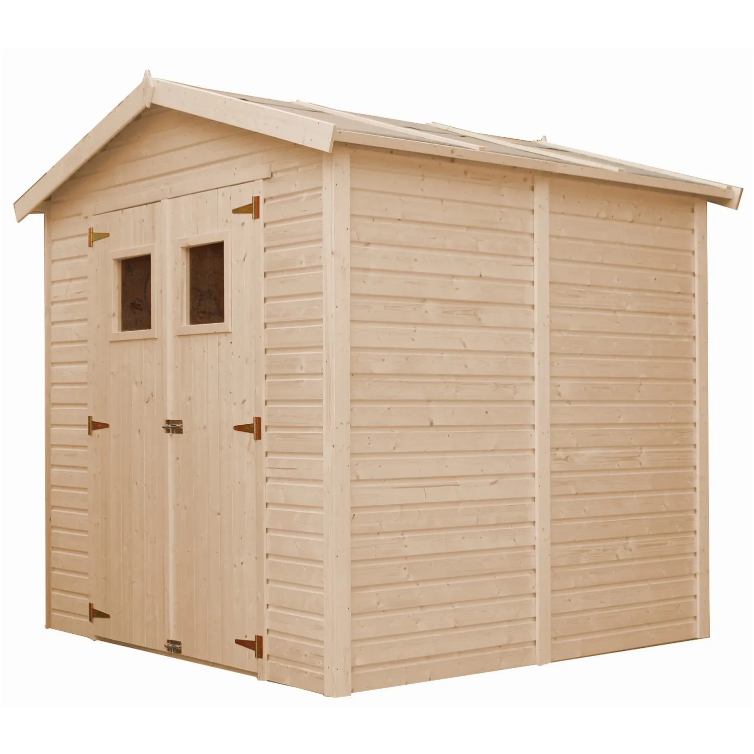 Timbela Holz-Gartenhaus M351+M351G mit Anbau, quadratischen Fenstern und Boden.