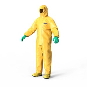 Gelber Dräger Schutzanzug Overall SPC 4400 CPM mit Kapuze, grünen Handschuhen und gelben Stiefeln für Labor & Lackierarbeiten.