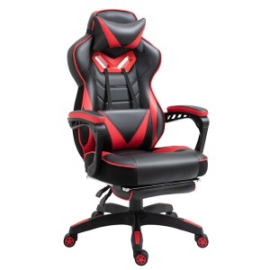 Schwarzer und roter Vinsetto Bürostuhl mit ergonomischer Form, verstellbarer Rückenlehne und ausziehbarer Fußstütze.