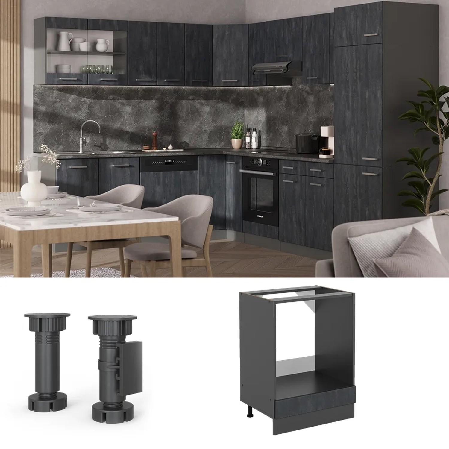 Vicco Herdumbauschrank R-Line, schwarz/Beton/Anthrazit, 60 cm, mit Marmor Arbeitsplatte.