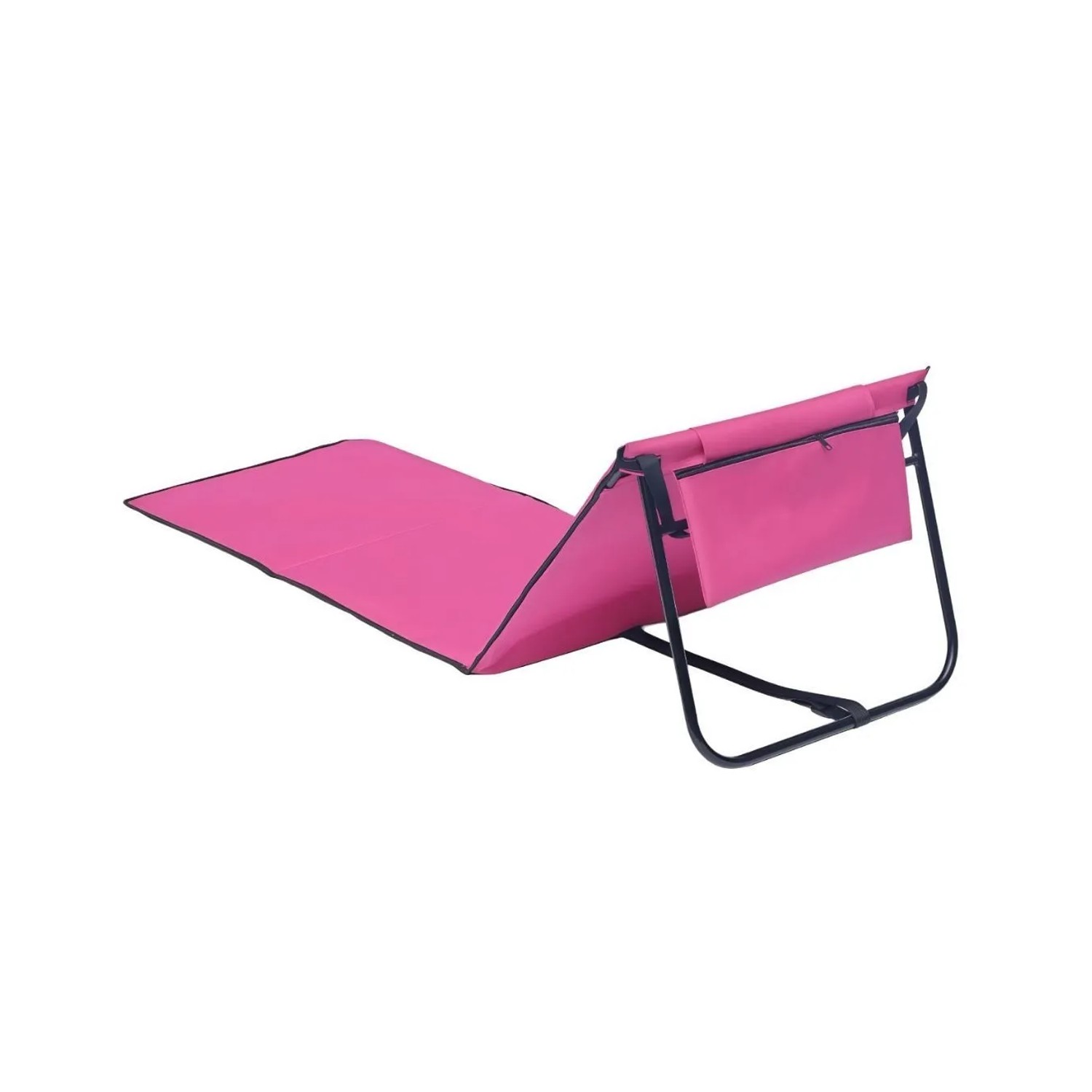 Faltbare, pinke Strandliege/Sonnenliege mit schwarzem Rahmen und Tasche.