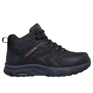 Schwarzer Skechers Nordown Speed-Flex Trekker S3S Sicherheitsschuh mit roten Akzenten, knöchelhoch, Goodyear Sohle.