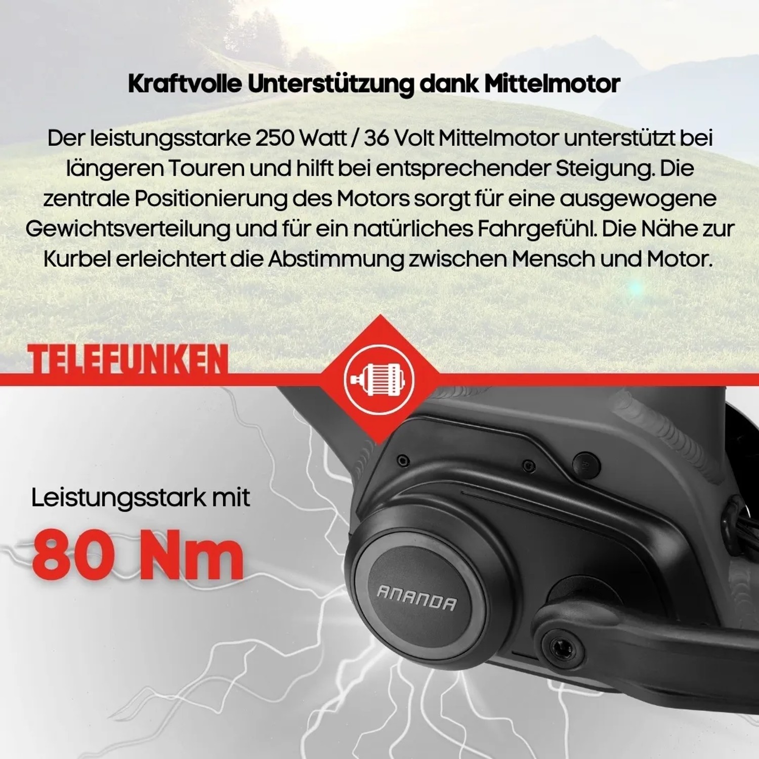 Detailaufnahme Mittelmotor am Telefunken E-Bike SUV700, 80 Nm Leistung.