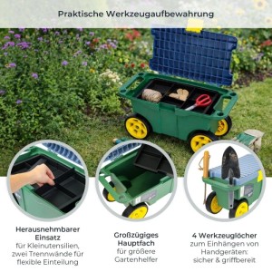 HMF GWS-55CM-06 2-in-1 Gartenwagen Mit Sitz Und Stauraum Gartenhocker Mit Rollen Rollsitz Für Gartenarbeit Bis 100 kg 550 x 265 x 295 mm