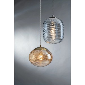 Luce Design Pendelleuchte Nereide, 2-flammig, Glas Champagner und klar, mit Wellenmuster.