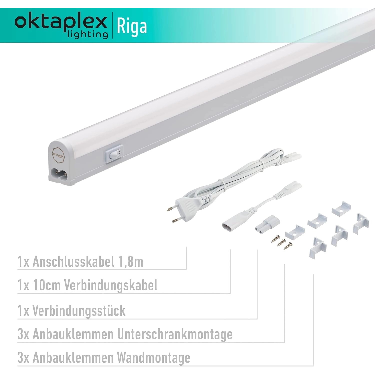 Oktaplex Riga LED Unterbauleuchte 84cm, warmweiß, mit Zubehör für die Küchenmontage.