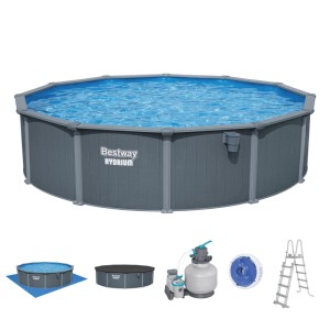 Bestway Hydrium Stahlwandpool Set Ø 549x132cm in Holzoptik mit Sandfilteranlage und Zubehör.