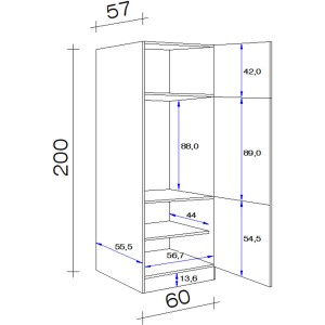 Skizze: Flex-Well Classic Geräteumbauschrank Lucca, 60 cm, weiß, mit Maßen. Ideal für Einbaukühlgeräte.