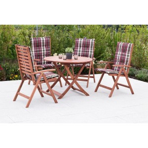 Merxx Borkum Gartenmöbel-Set: Klapptisch mit 4 Klappsesseln und karierten Auflagen.