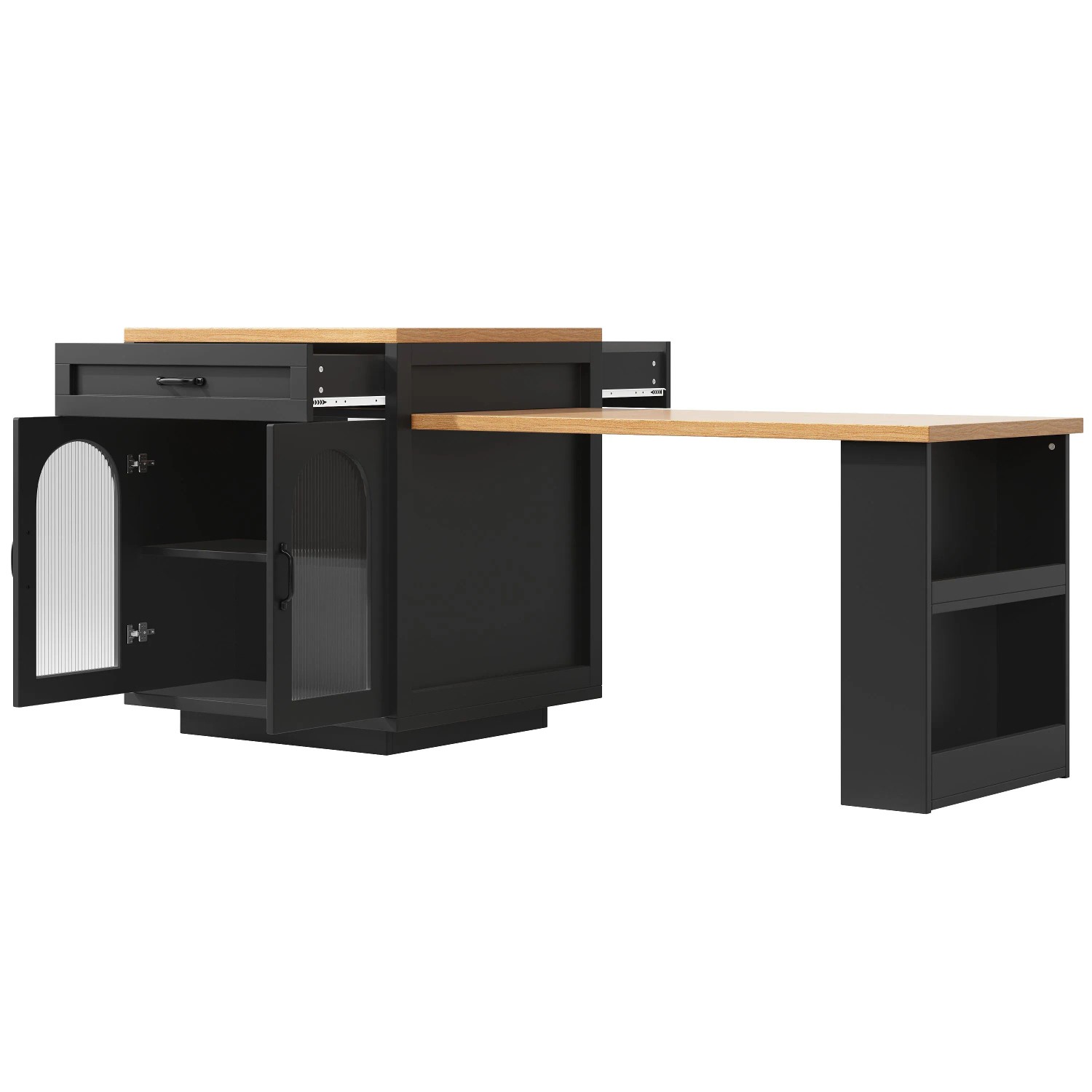 okwish Kücheninsel mit Ausziehbar LED Beleuchtung Schubladen Glastüren 126-196x59x94cm Schwarz