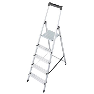 Krause Stehleiter Solidy mit 5 Stufen, Sicherheitsbügel und Stahl-Plattform für sicheres Arbeiten.