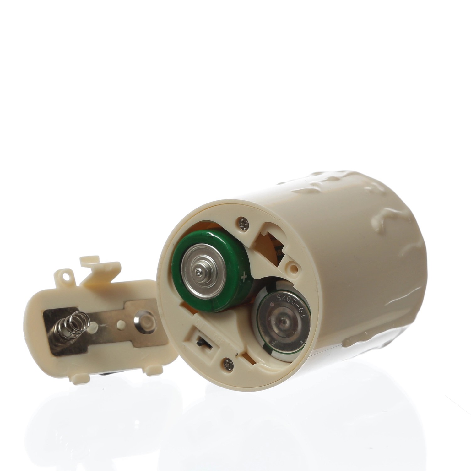 Beige LED Grabkerze mit Batteriefach offen, 2er Set. Grablicht für Laternen, ca. 11,5cm hoch.