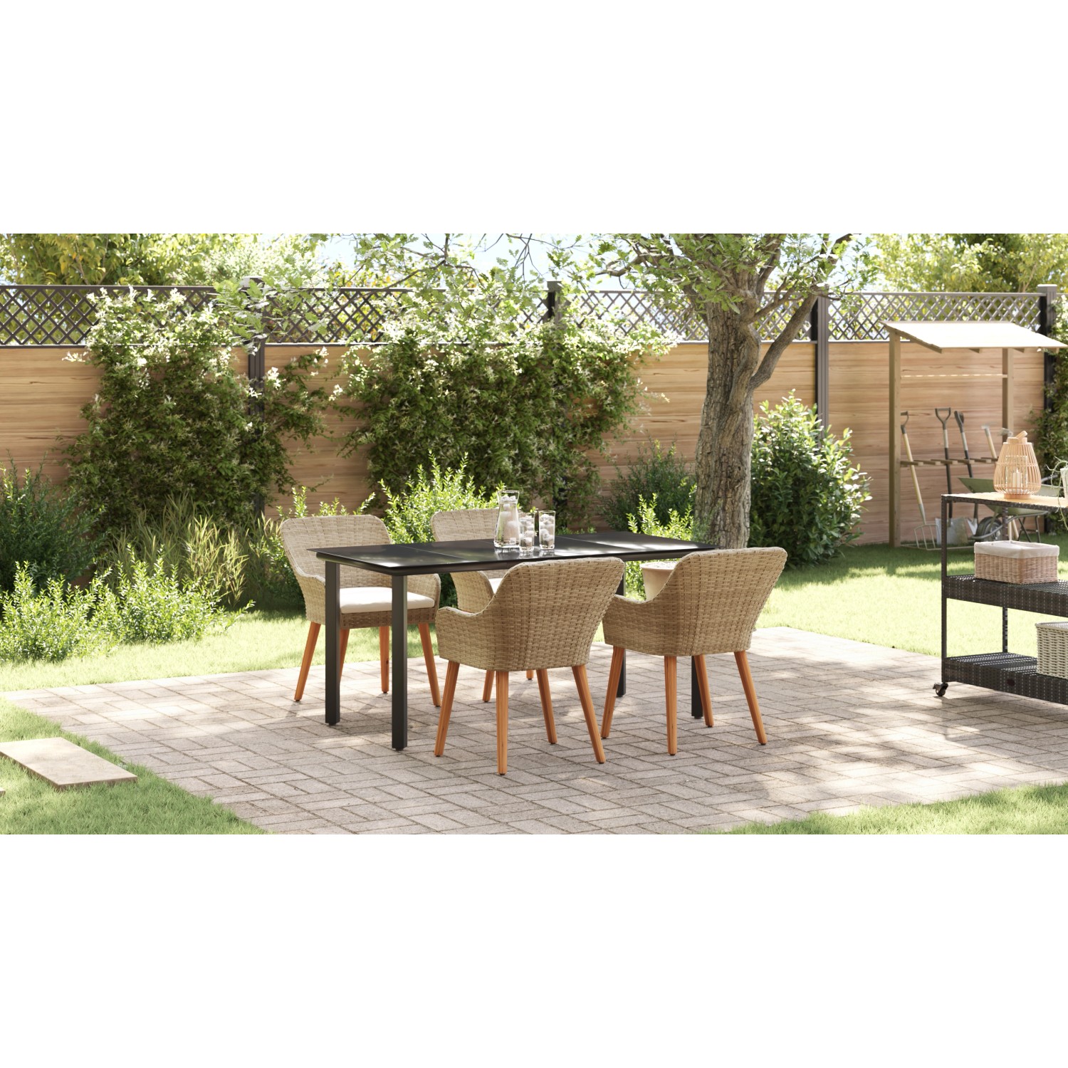5-teilige Garten Essgruppe aus Rattan, beige, mit Tisch und vier Stühlen für Garten oder Terrasse.