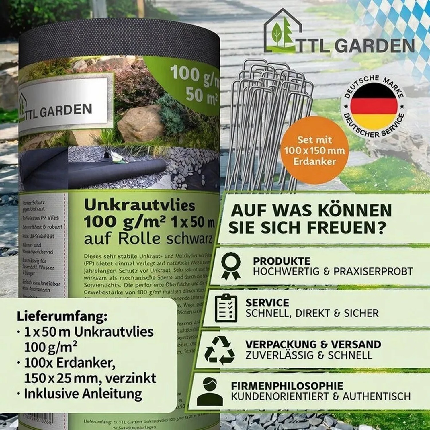 TTL GARDEN Unkrautvlies 100g/m² 1x50m 50m² Rolle Schwarz Inkl. 100 Erdanker 150mm Schwarz Gartenvlies Mulchvlies UV-stabil_9