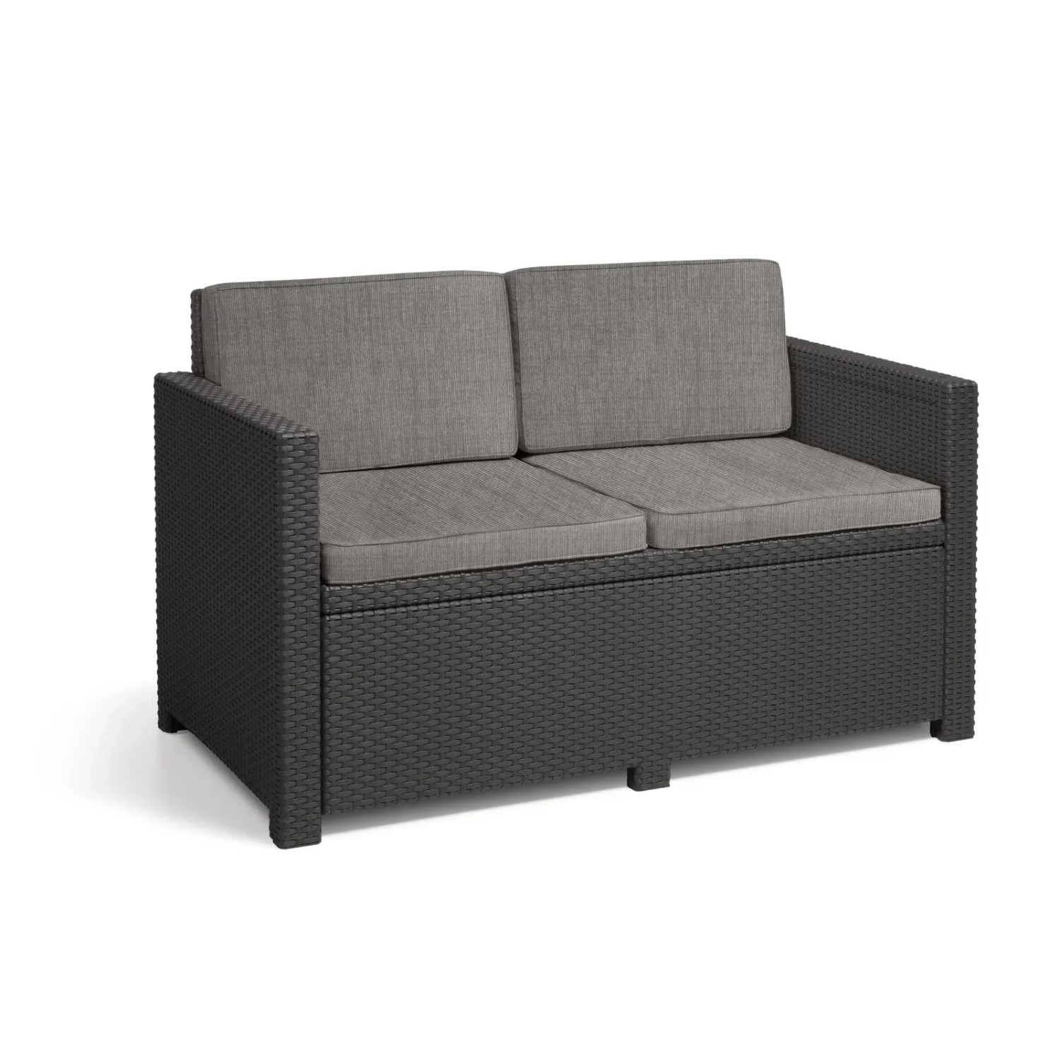 Allibert Victoria 2-Sitzer Loungesofa in Rattanoptik mit grauen Kissen.