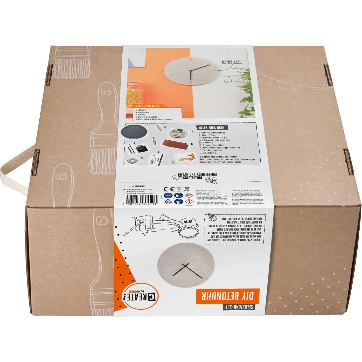 CREATE! by OBI DIY Betonuhr Set: Bastelset mit Beton, Uhrwerk und Anleitung in einer Box.