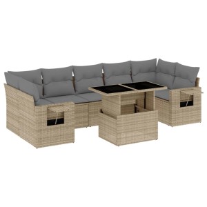 Beige 8-tlg. Garten-Sofagarnitur aus Polyrattan mit Tisch und grauen Kissen.