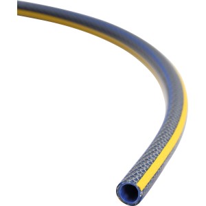 Blauer LUX-TOOLS PRO Gartenschlauch (1/2 Zoll, 50 m) mit gelbem Streifen.