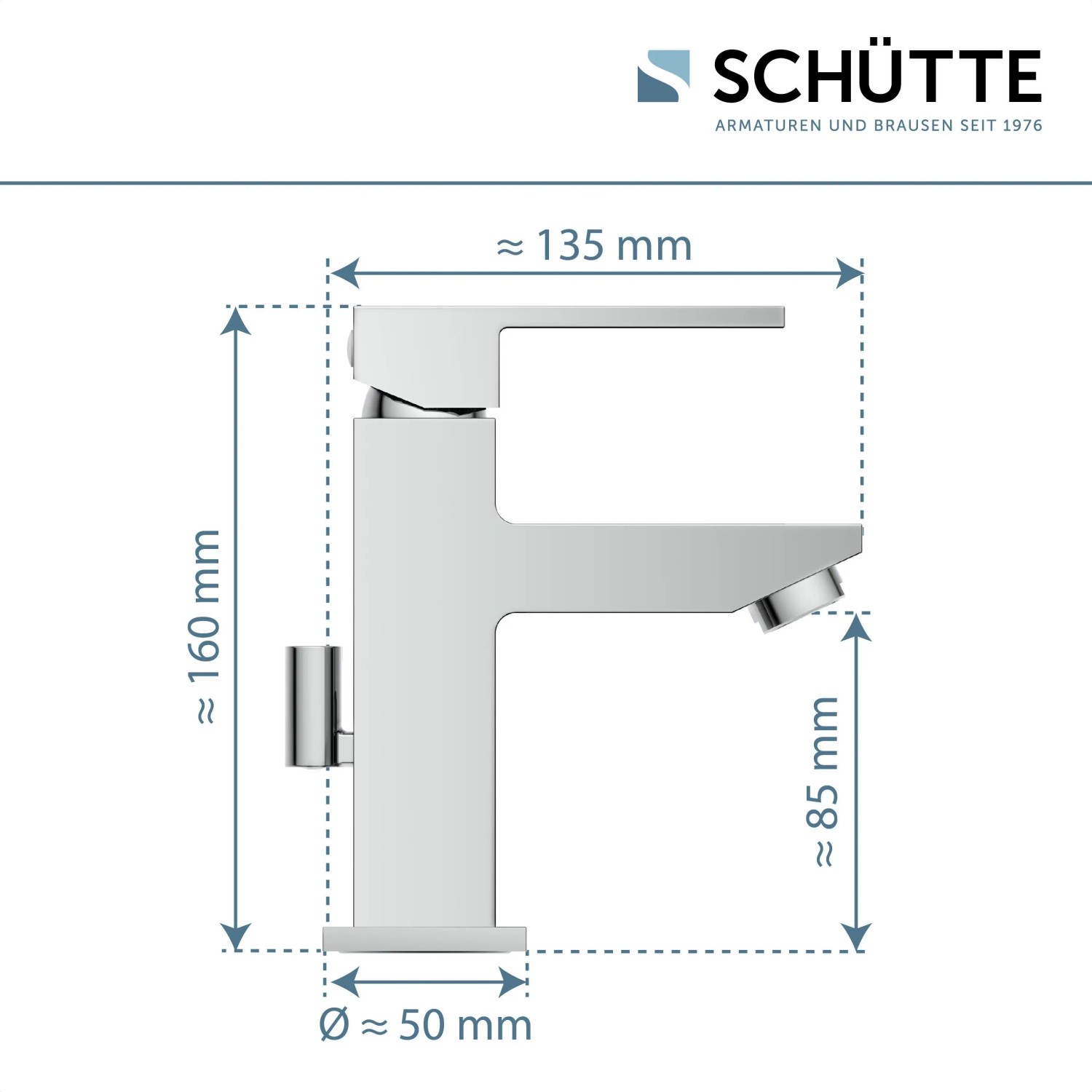 Schütte Waschtischarmatur Tokyo II Chrom, Seitenansicht mit Maßangaben.