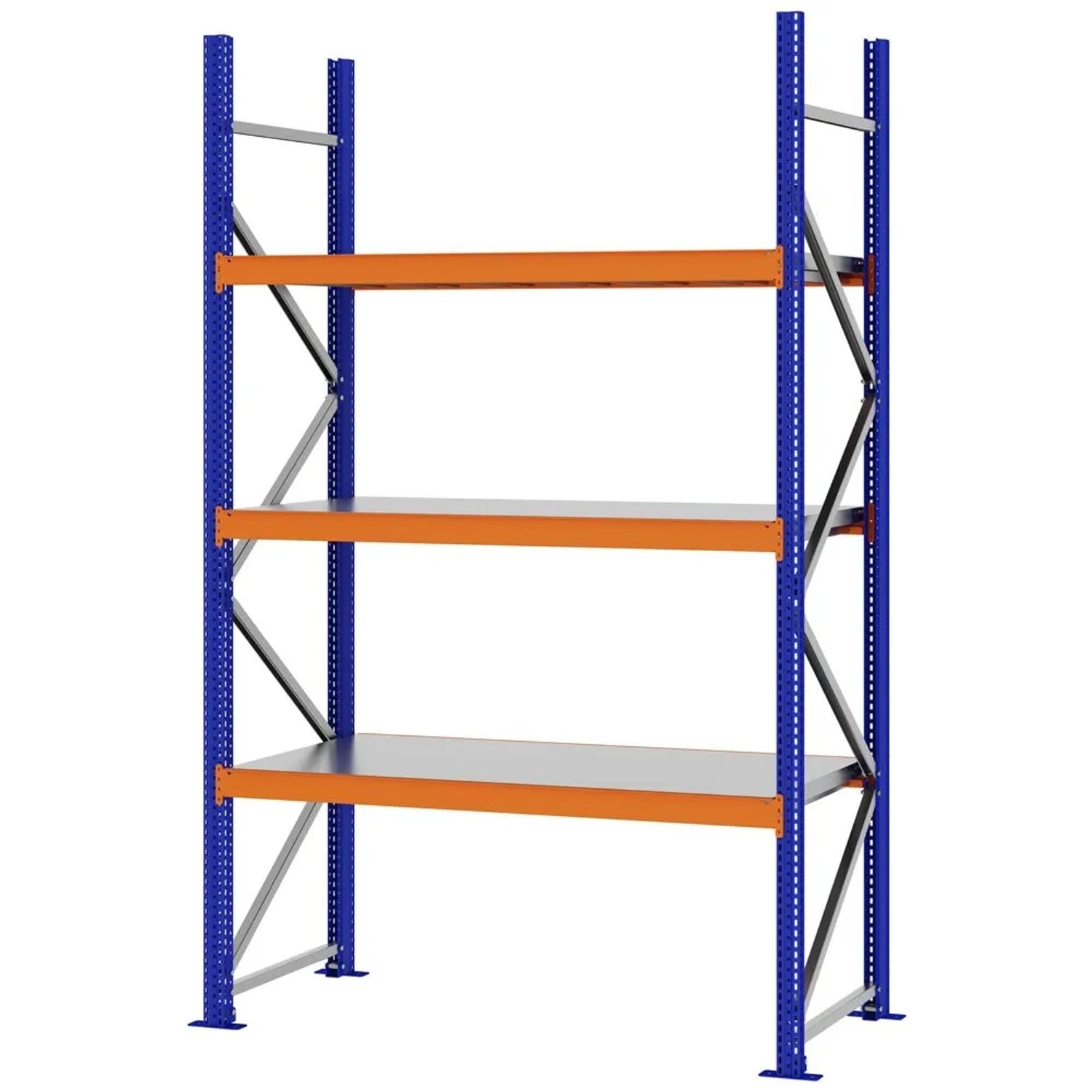 PROREGAL Weitspannregal Schraub-Stecksystem MAGNUS PRO Made In Germany Grundregal 250x150x60cm 3 Ebenen Stahlböden Fachlast 750kg Blau/Orange