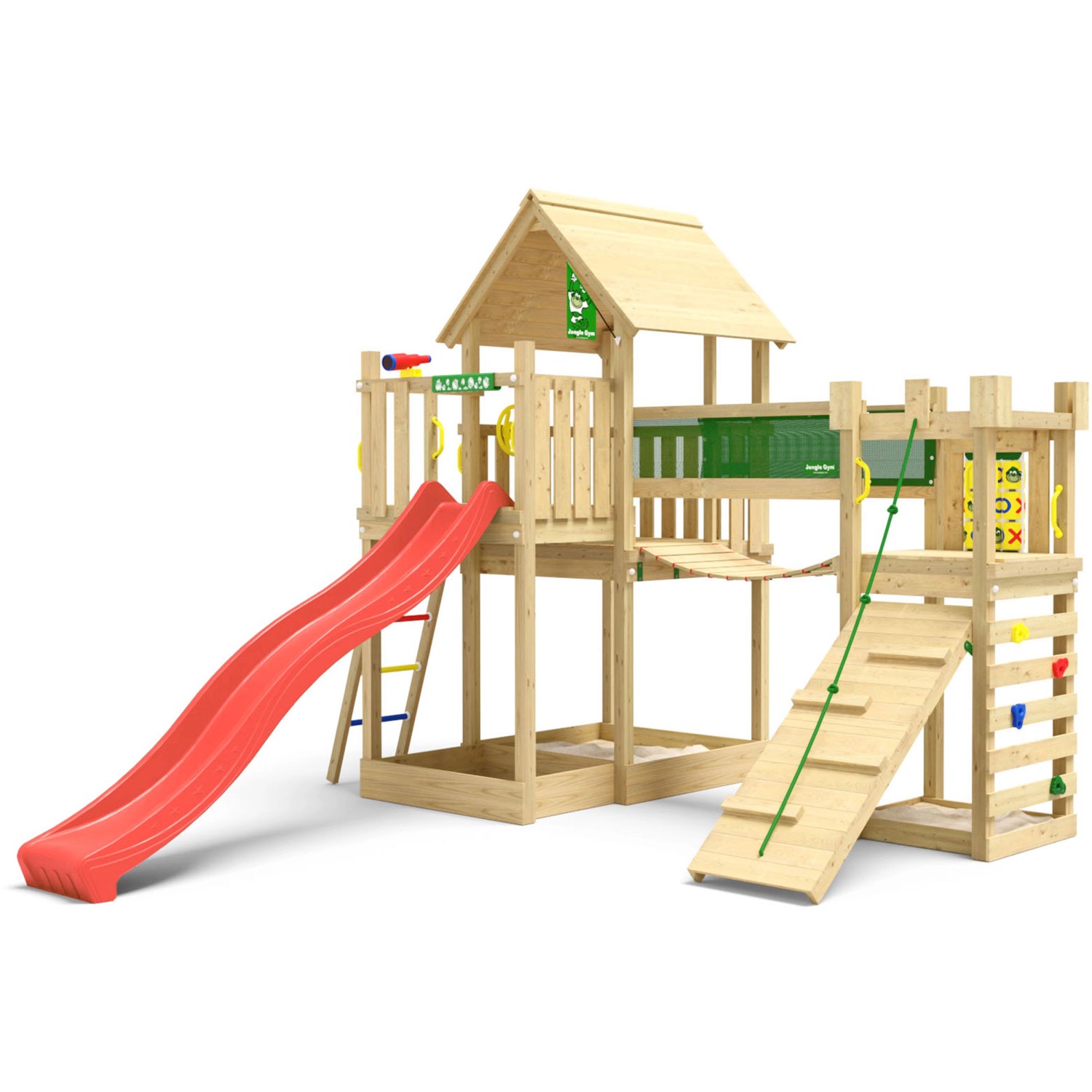 Jungle Gym Spielturm Lookout Holz Wackelbrücke Kletterrampe Rutsche Rot günstig online kaufen