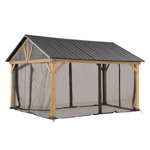 Sunjoy Zedernholz Gazebo mit Moskitonetz, 335x399cm, Khaki. Pavillon mit Holzrahmen und schwarzem Netz.