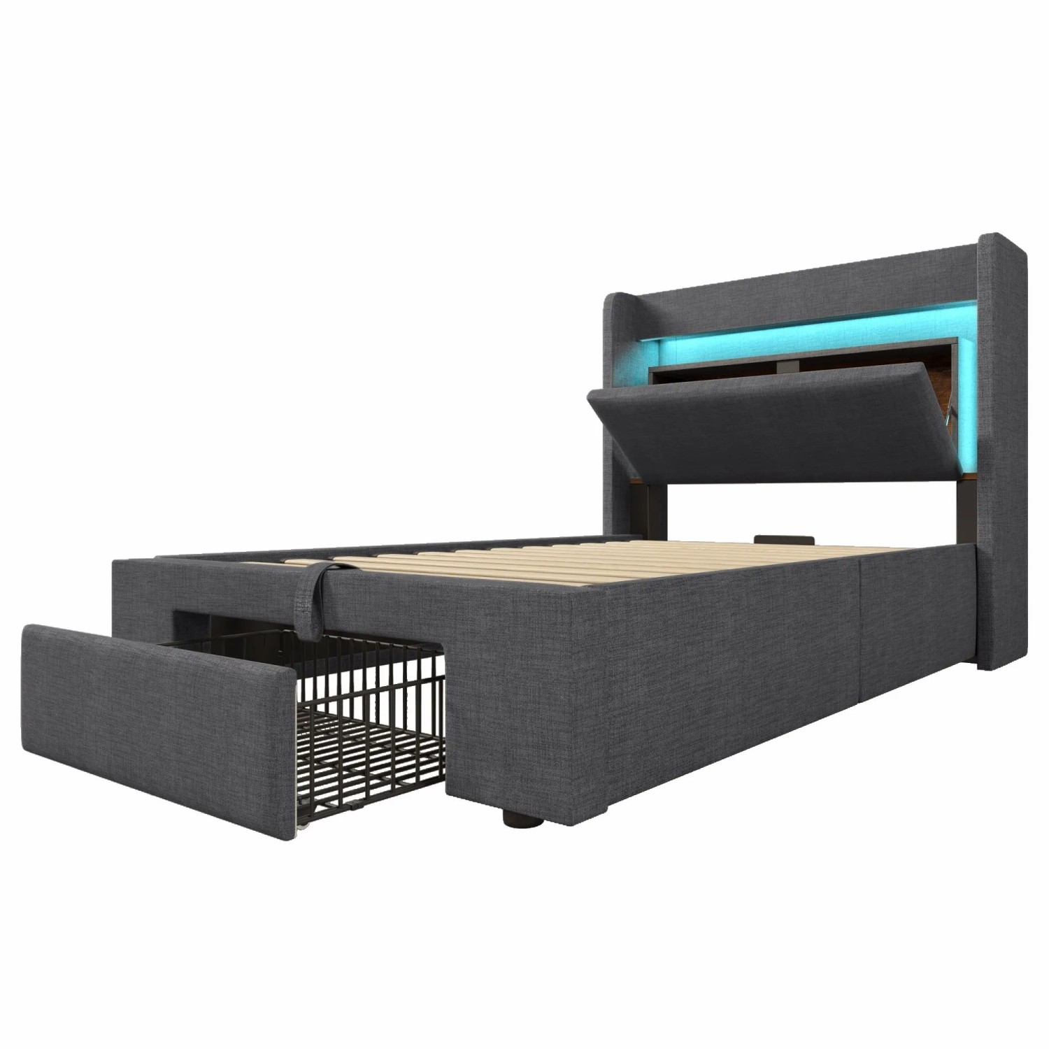 Merax Polsterbett 90x200cm LED USB-C Hydraulik Grau