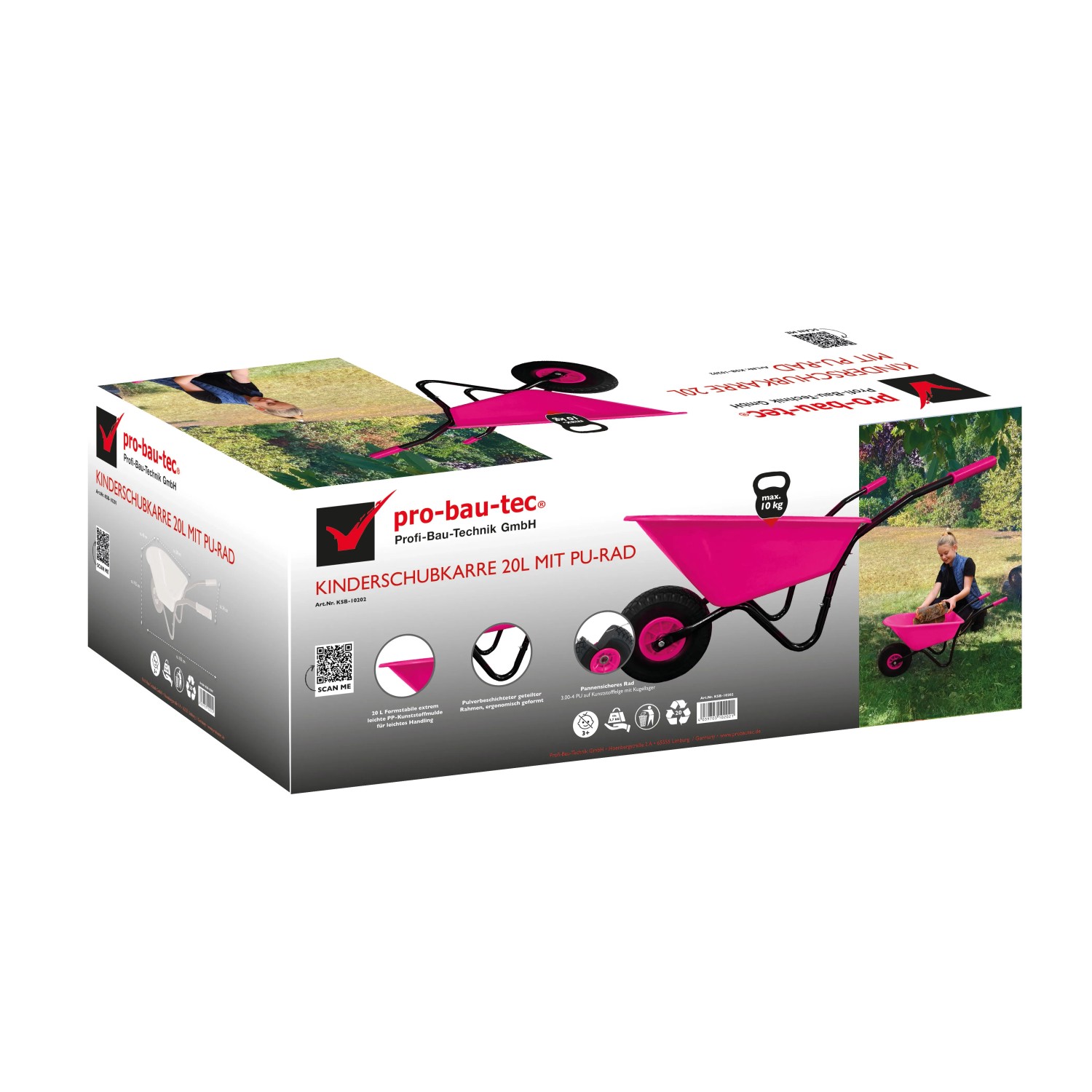 Verpackung der Pro-Bau-Tec Kinderschubkarre 20 l in Pink mit pannensicherem Rad.
