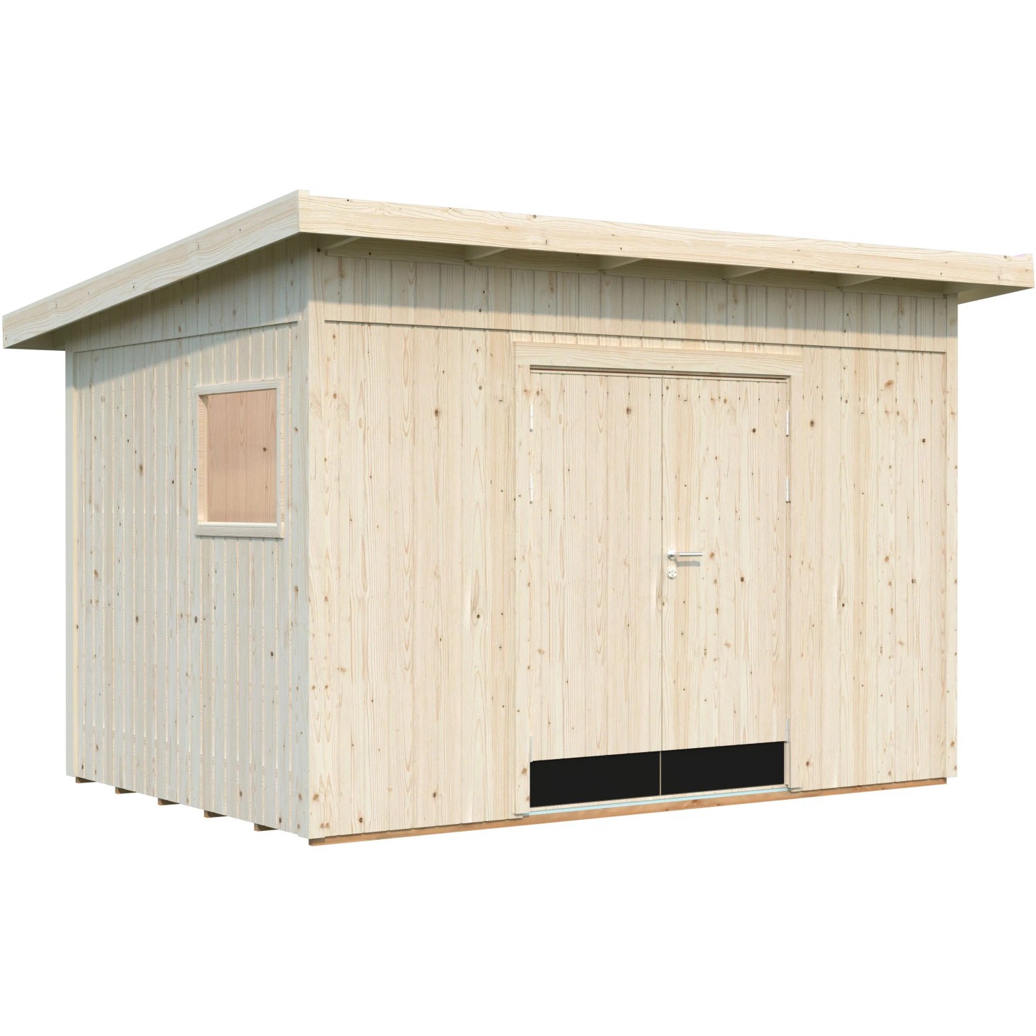 Palmako Gerätehaus Stig, 8,2 m², unbehandeltes Holz mit Pultdach und Doppeltür.