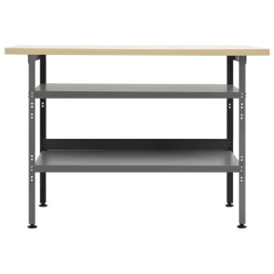 Graue vidaXL Werkbank aus Stahl mit heller Holzplatte und zwei höhenverstellbaren Ablagen.