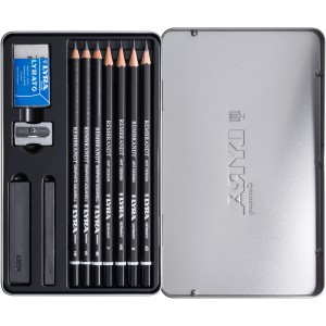 LYRA Rembrandt Graphit-Set mit Skizzenstiften, Radiergummi und Spitzer in Metalldose.
