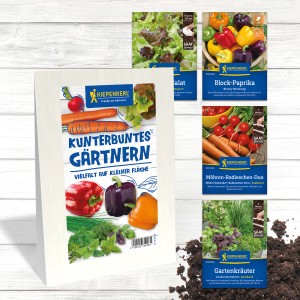 Gemüsesamen-Set 'Kunterbuntes Gärtnern' mit Salat, Paprika, Möhren, Radieschen und Gartenkräutern.