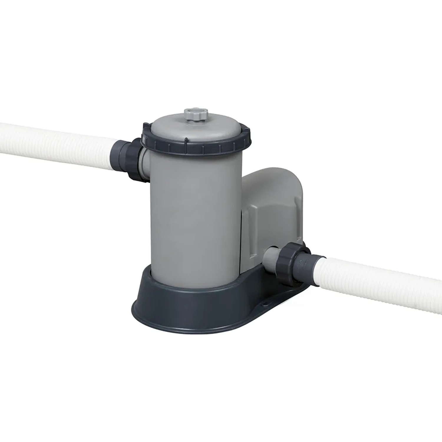 Filterpumpe des Bestway Stahlrahmenpool-Sets Power Steel, grau mit weißen Schläuchen.