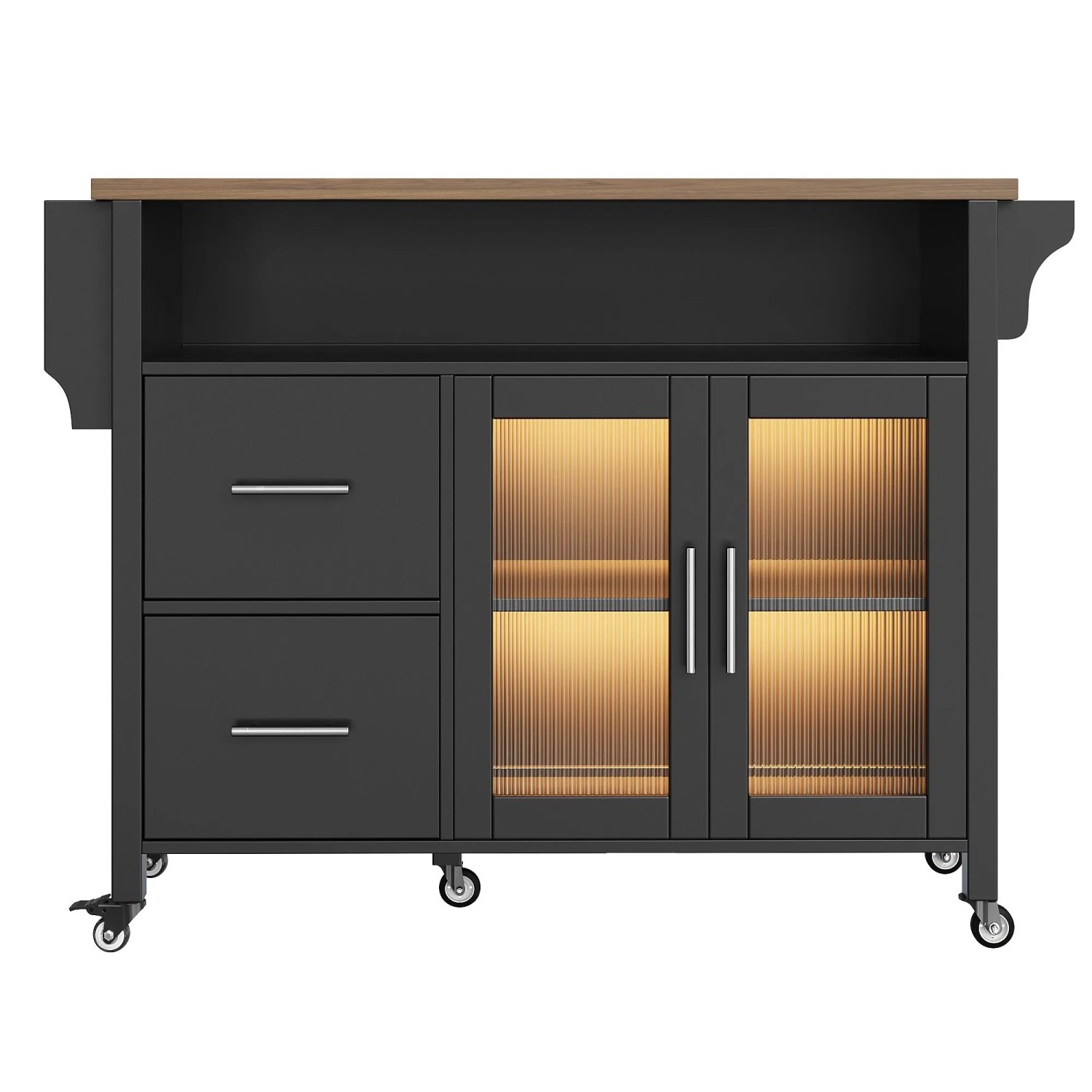 okwish Kücheninsel mit Glasvitrine LED Licht Handtuchhalter Küche 139x65x94cm Schwarz