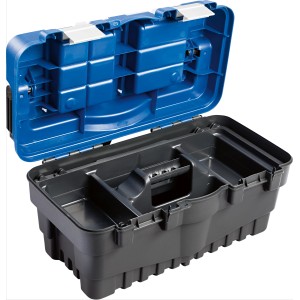 Offener LUX Werkzeugkoffer KWK-26 aus Kunststoff mit Sortierkasten, blau/grau.
