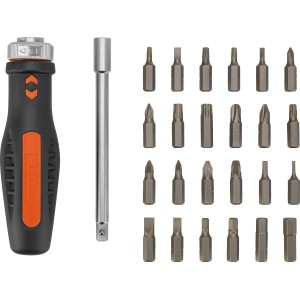 OBI Bit-Schraubendreher, 26-teilig mit Bits, Schaftverlängerung und orange-schwarzem Griff.
