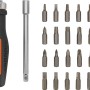 OBI Bit-Schraubendreher, 26-teilig mit Bits, Schaftverlängerung und orange-schwarzem Griff.