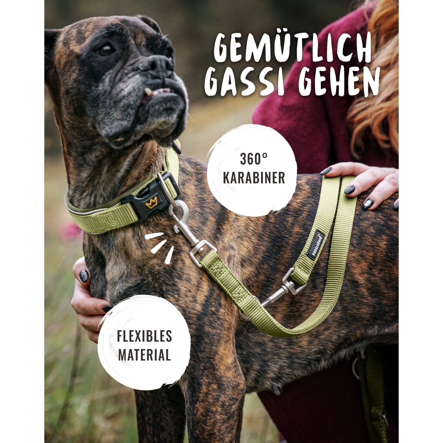 Hund mit verstellbarer, grüner Rudelkönig Führleine Frida aus Nylon, 230 cm lang.