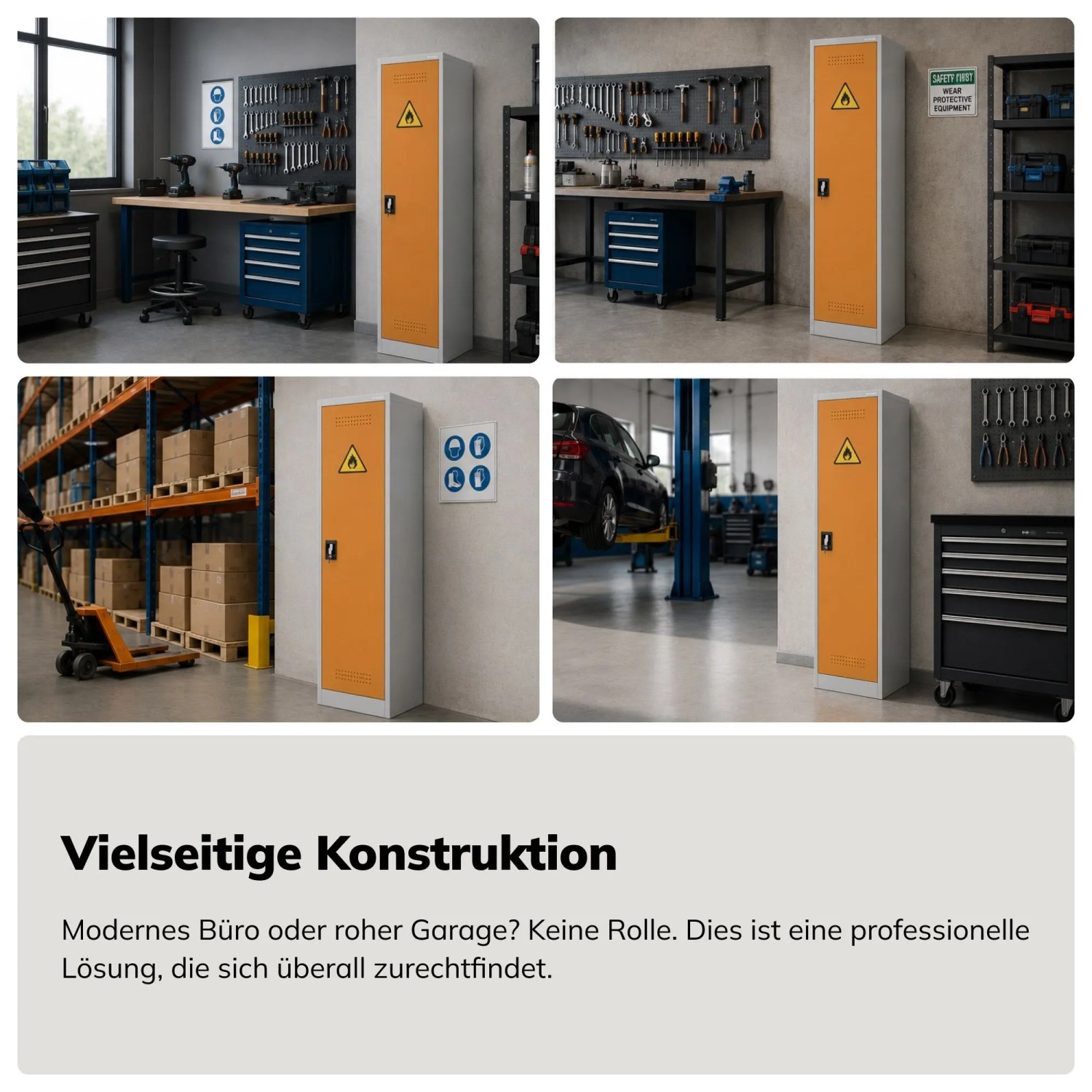 JAN NOWAK Sicherheitsschrank PETER, grau-orange, mit Warnpiktogramm für Chemikalien. Ideal für Werkstatt, Lager, Labor.