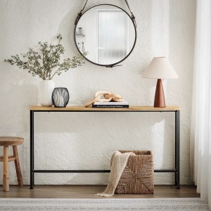 Schmaler SoBuy Konsolentisch 120x65x20cm mit Naturholzplatte und schwarzem Metallgestell, dekoriert im Flur.