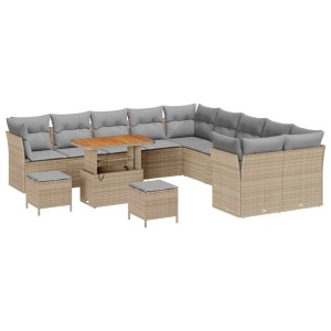 Beiges 13-teiliges Garten-Sofa-Set aus Poly Rattan mit Tisch und Hockern.