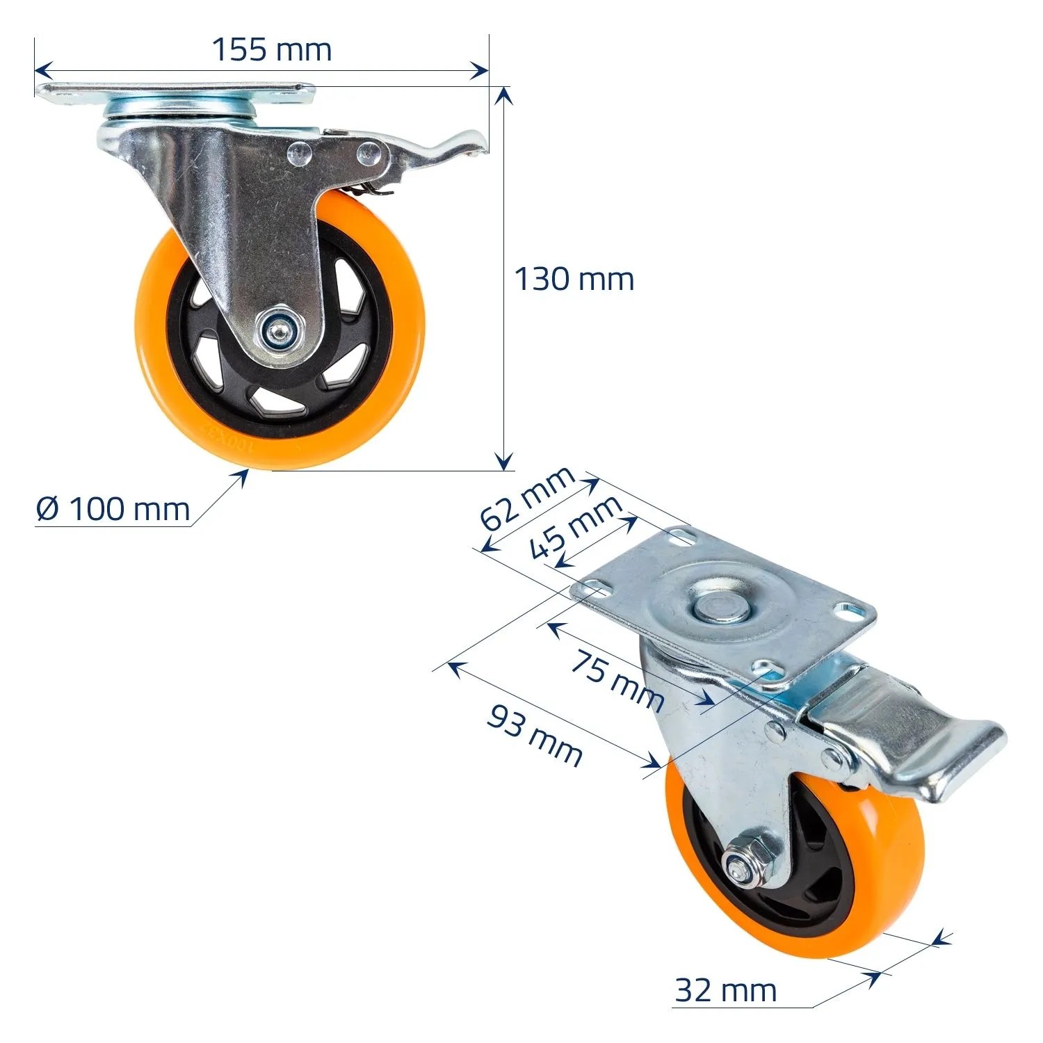 HMF Schwerlastrollen 4er Set, 100mm, bis 460kg, mit Bremse, Polyurethan, orange.