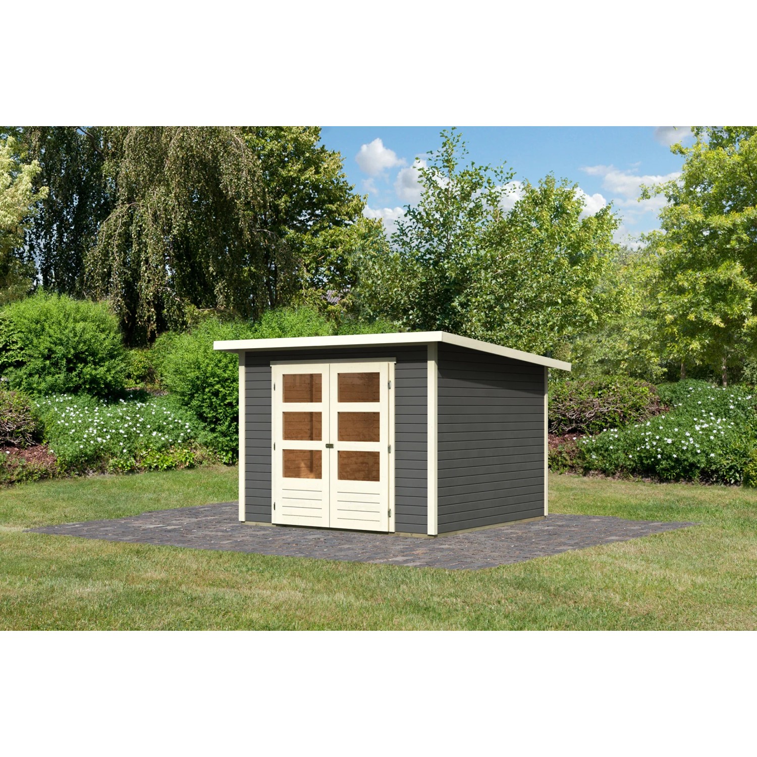 Terragraues Karibu Holz-Gartenhaus Sitten mit Pultdach und Doppeltür im Garten.