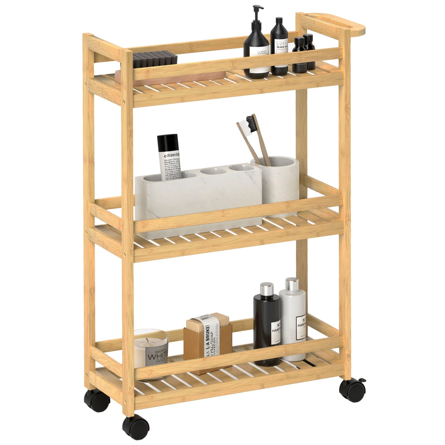 HOMCOM Rollwagen mit Rolle Bambus Naturholz 55L x 20B x 75H cm