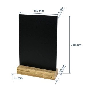 Schwarzer DIN A5 Tischaufsteller Kreidetafel aus Kunststoff mit hellem Holzfuß. Für Beschriftungen.