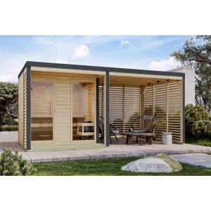 Karibu Saunahaus Seros mit Anbaudach, naturbelassen/anthrazit, mit Lamellenwand als Sichtschutz.